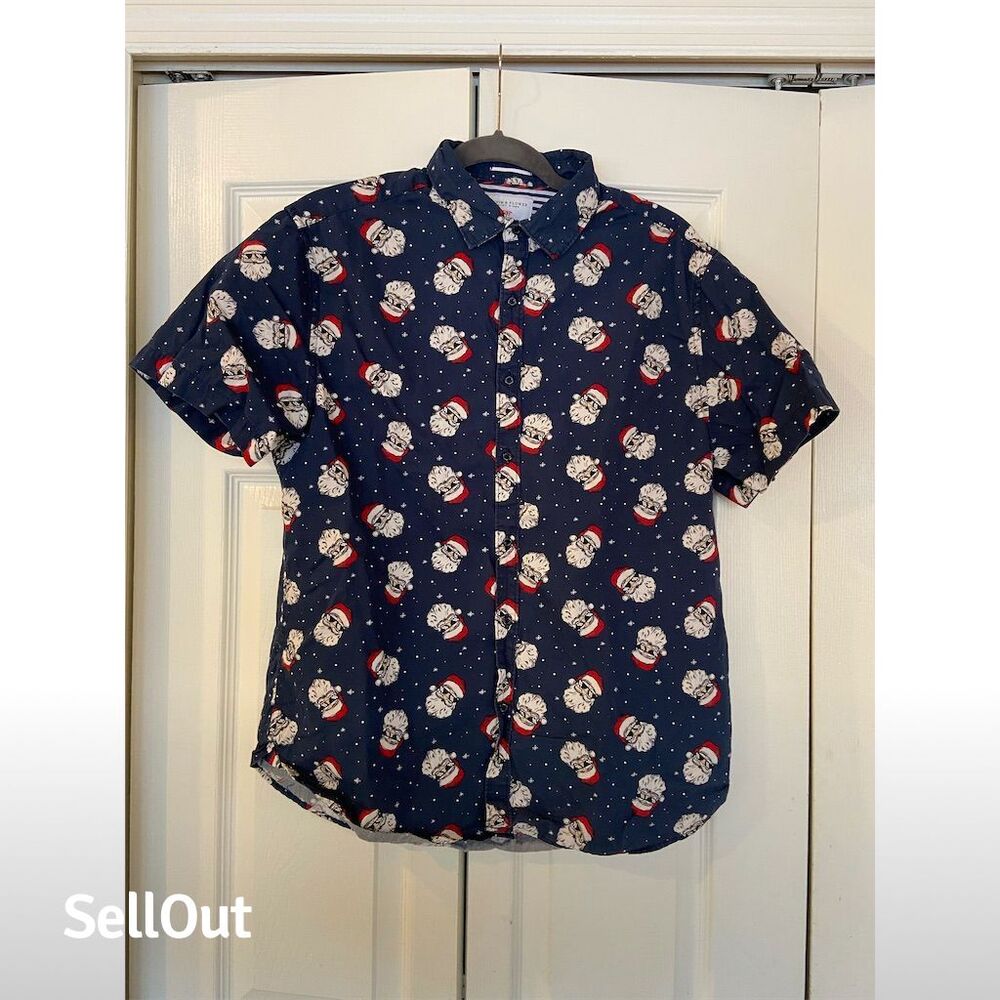 Denim & Flower Men's M Blue Santa Print Short Sleeve Button-Up Shirt
